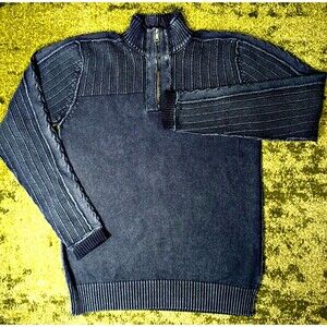 Buckle BKE Sweater Size L Standard Fit Stone Wash Indigo Blue Cable Quarter Zip